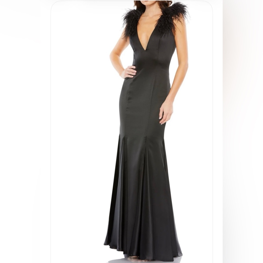 Mac Duggal Black Feathered Maxi Dress
